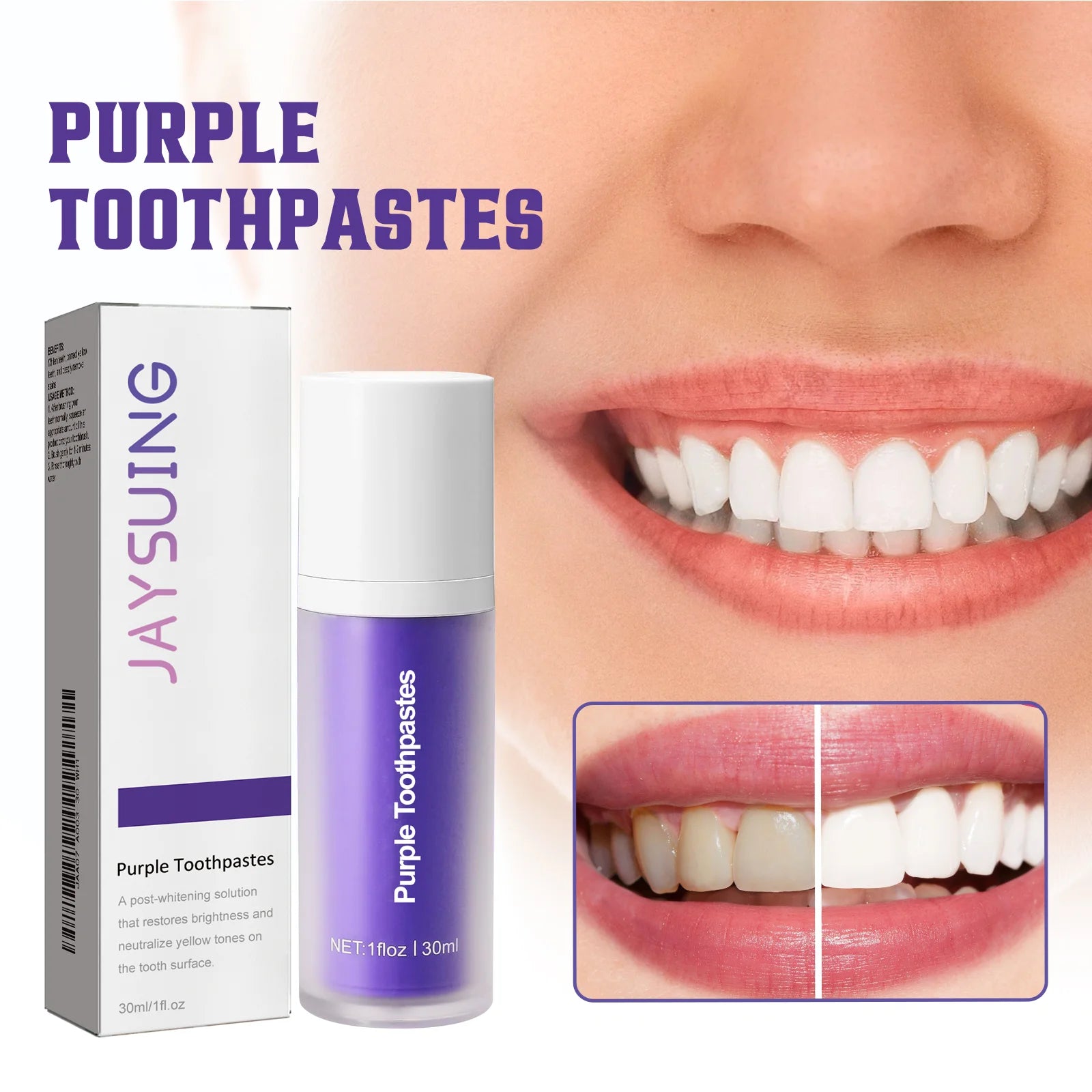 Purple Whitening Toothpaste for Oral Enamel Clean Care Removes Plaque Stains Tartar Reduces Cavity Yellowing Teeth Fresh Breath