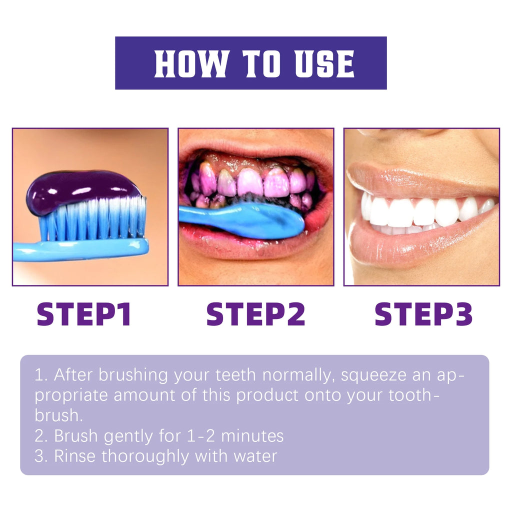 Purple Whitening Toothpaste for Oral Enamel Clean Care Removes Plaque Stains Tartar Reduces Cavity Yellowing Teeth Fresh Breath