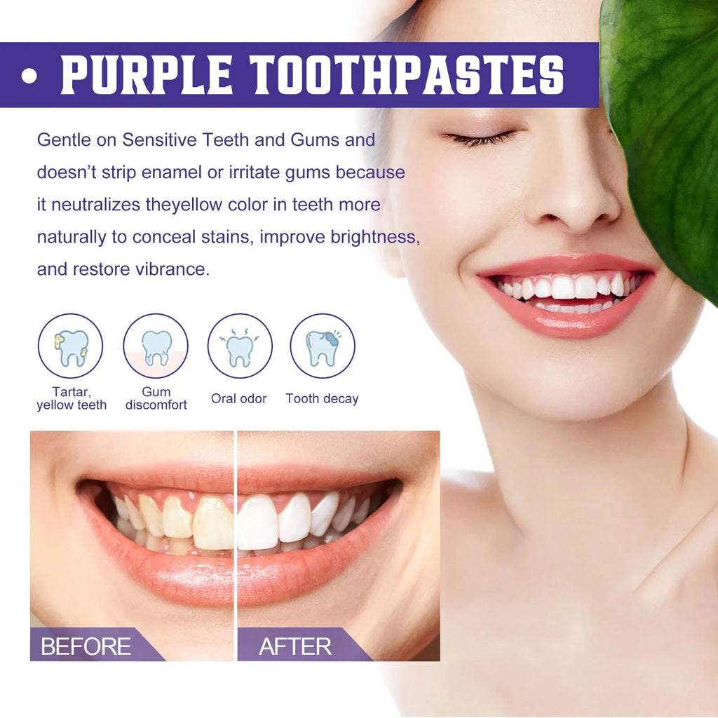 Purple Whitening Toothpaste for Oral Enamel Clean Care Removes Plaque Stains Tartar Reduces Cavity Yellowing Teeth Fresh Breath